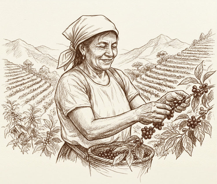 Illustration of a woman harvesting coffee beans with a mountainous landscape in the background.